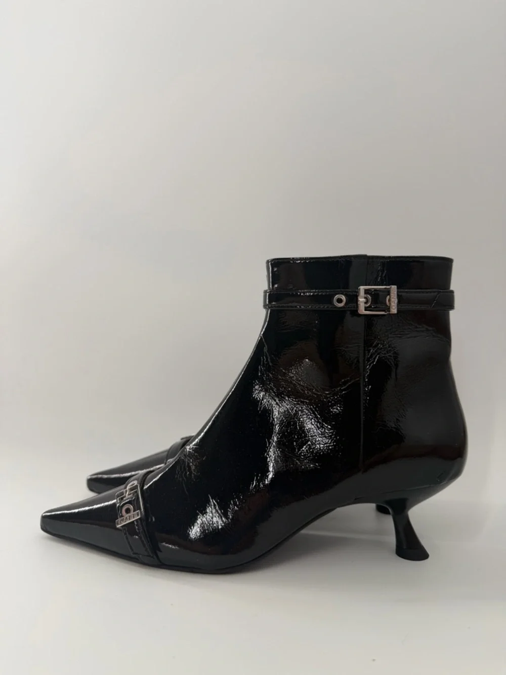 Ganni Black Eyelets Buckled Vinyl Leather Pointed Toe Kitten Heel Ankle Boots